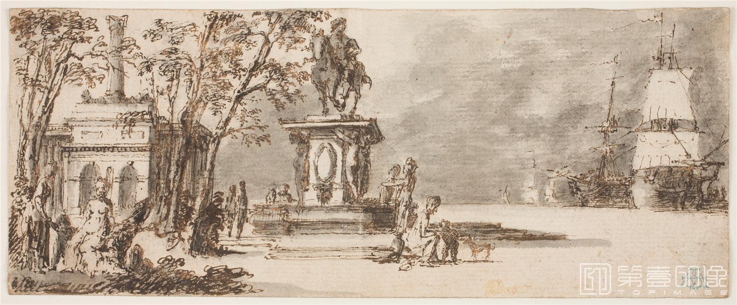素描-西班牙普拉多美术馆素描藏画-Anonimo-Paisaje con monumento y-0451